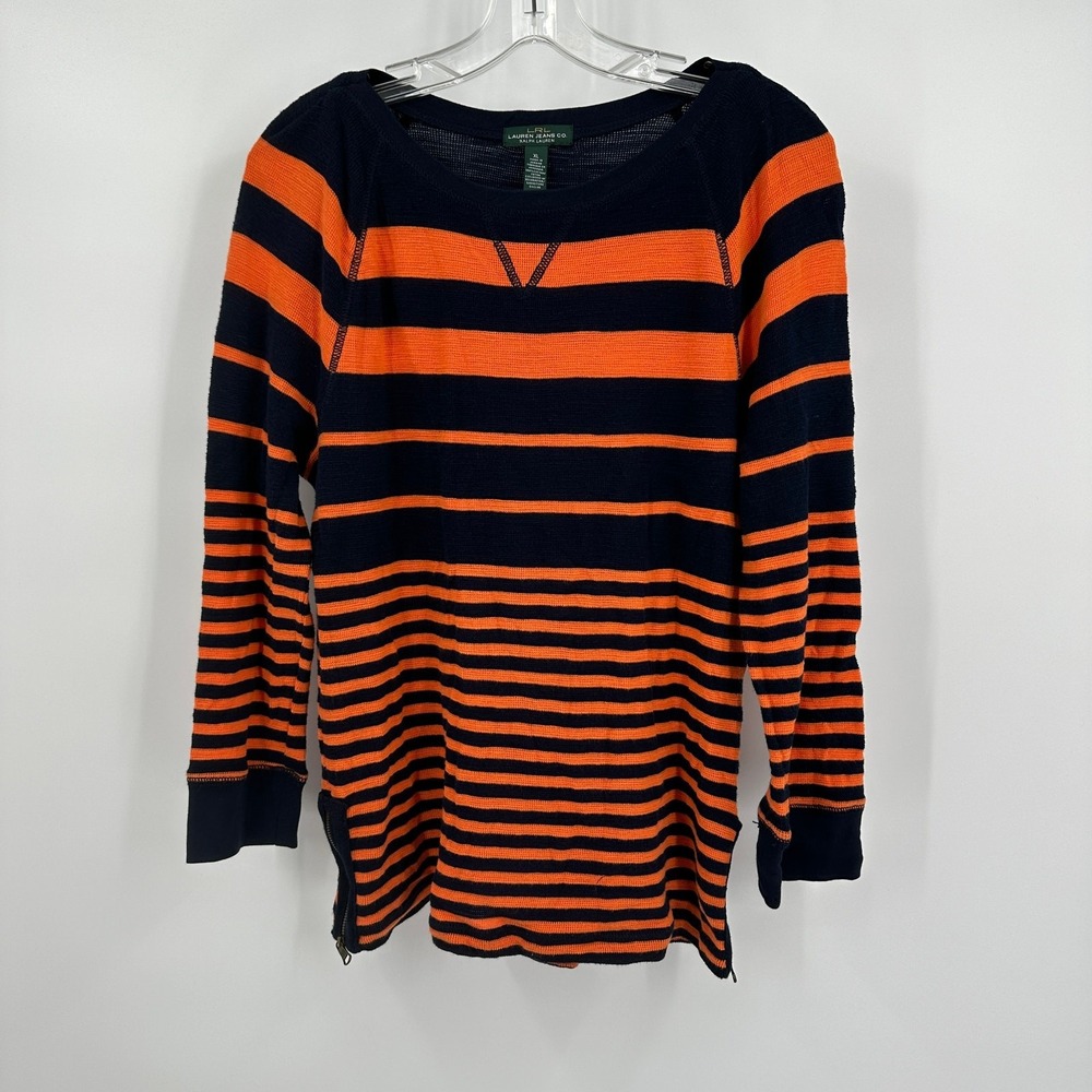 Lauren Ralph Lauren Womens Preppy Striped Top Sz XL Bold Orange Navy Collegiate